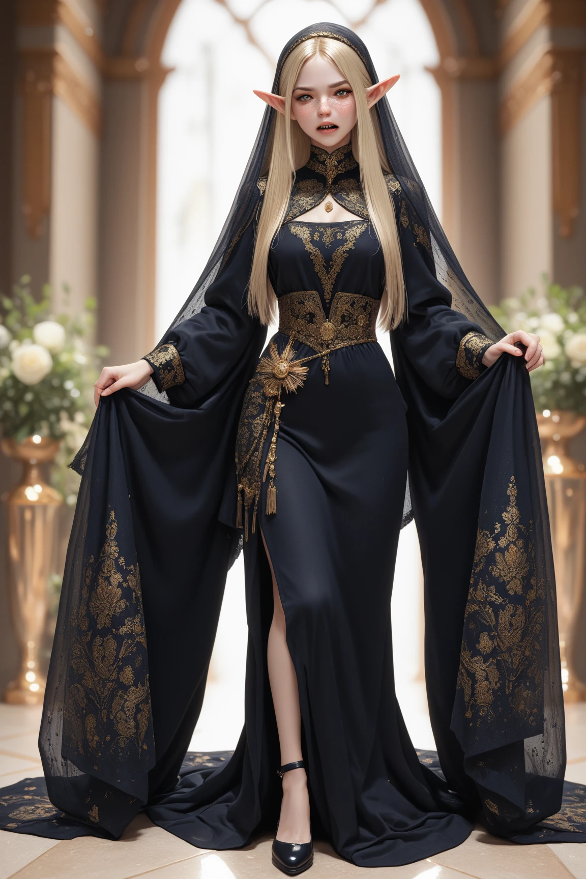 araffe dressed in a black and gold costume and veil, inspired by Hedi Xandt, arabian princess, ornate cosplay, a beautiful fantasy empress, by Hedi Xandt, 3 d render character art 8 k, full body cgsociety, intricate outfit, seductive cyberpunk dark fantasy, intricate fantasy robes, arabian beauty, dark sorceress full view