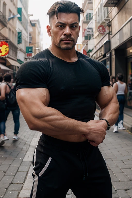 Hombre guapo ruso, musculoso y fornido, macho alfa, barba de candado, calvo, Casual dress pants and military shirt. ,joyas de oro, piernas fuertes y musculosas, gran bulto, gran bulto, obra maestra, ultra Realista, alto detalle, movie poster, 8K, claro