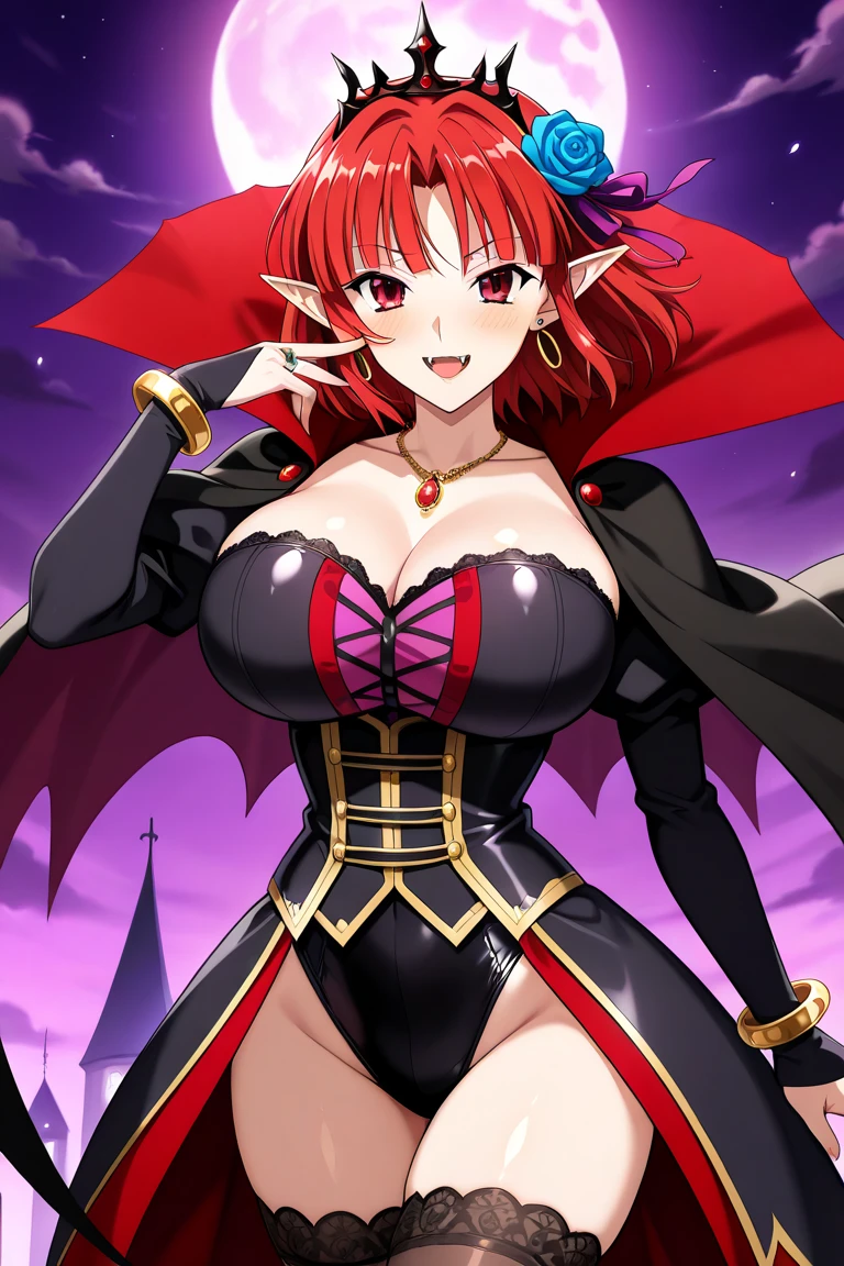 (masterpiece, best quality, detailed background, intricate details), dark castle, 1girl, demon, red hair, black eyes, slit pupils, curled horns, wings, fangs, black armor, whip, night, red moon