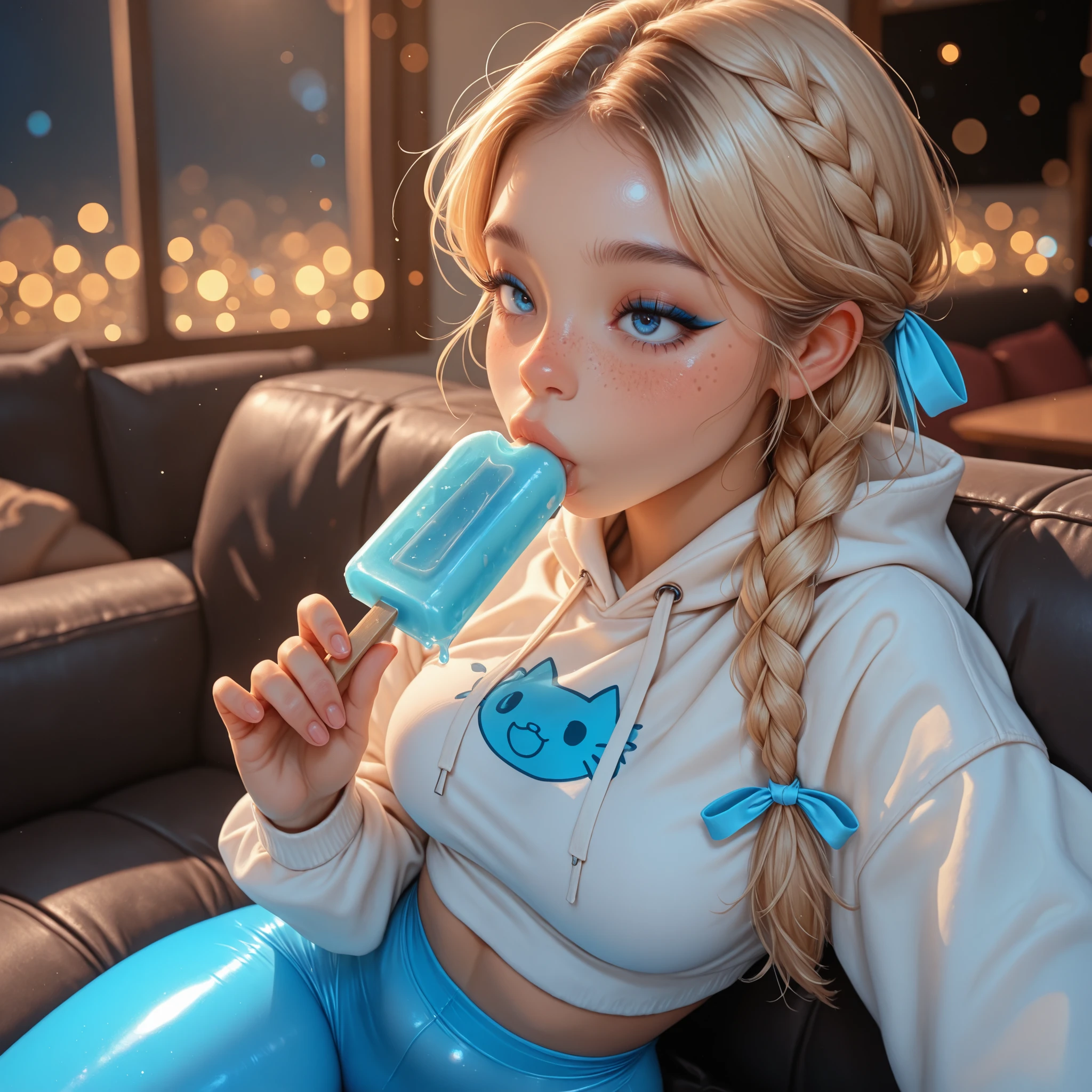 Masterpiece, high details, depth of field, ray tracing, bokeh, older face, holding ice pop, sucking on ice pop, white cropped hoodie, medium breasts, blue shiny leggings, blonde braid, hair ribbon, on couch, button nose, eyeliner, cat eyeliner, blue eyes, doe eyes, open eyes, freckles