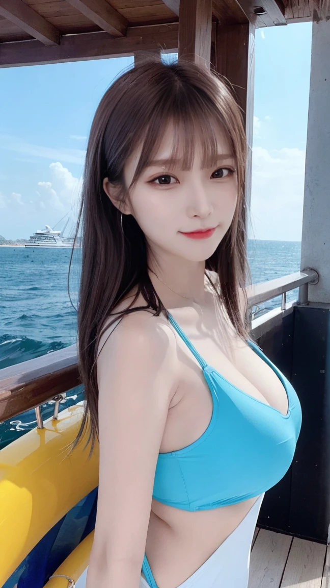 (((Draw only one woman: 2))), (Large cruiser sailing at sea)、(Beautiful Japan woman sitting on deck chair on deck)、(Beautiful Magic Hour Sunset)、Beautiful woman in fashionable bikini swimsuit、(( 1screen))、4K, RAW shot, top quality photo, masterpiece, Nice realistic photos, ((Anatomically correct proportions : 1.5)), ((perfectly proportions)), beautiful woman like a Japanese actress, a small face、Detailed face, Detailed eyes, Narrow Nose, Detailed fingers, detailed arms, Detailed skin, Detailed legs, (((short torso:1.1 ))), (( Slim Style)), (Slender waist), ((Slender thighs: 1.2))), ((Colossal tits: 1.5)), Small beautiful ass, (shiny long hair)、happily laughing、Angle from the side、18-year-old beauty、a choker、耳Nipple Ring、A bracelet