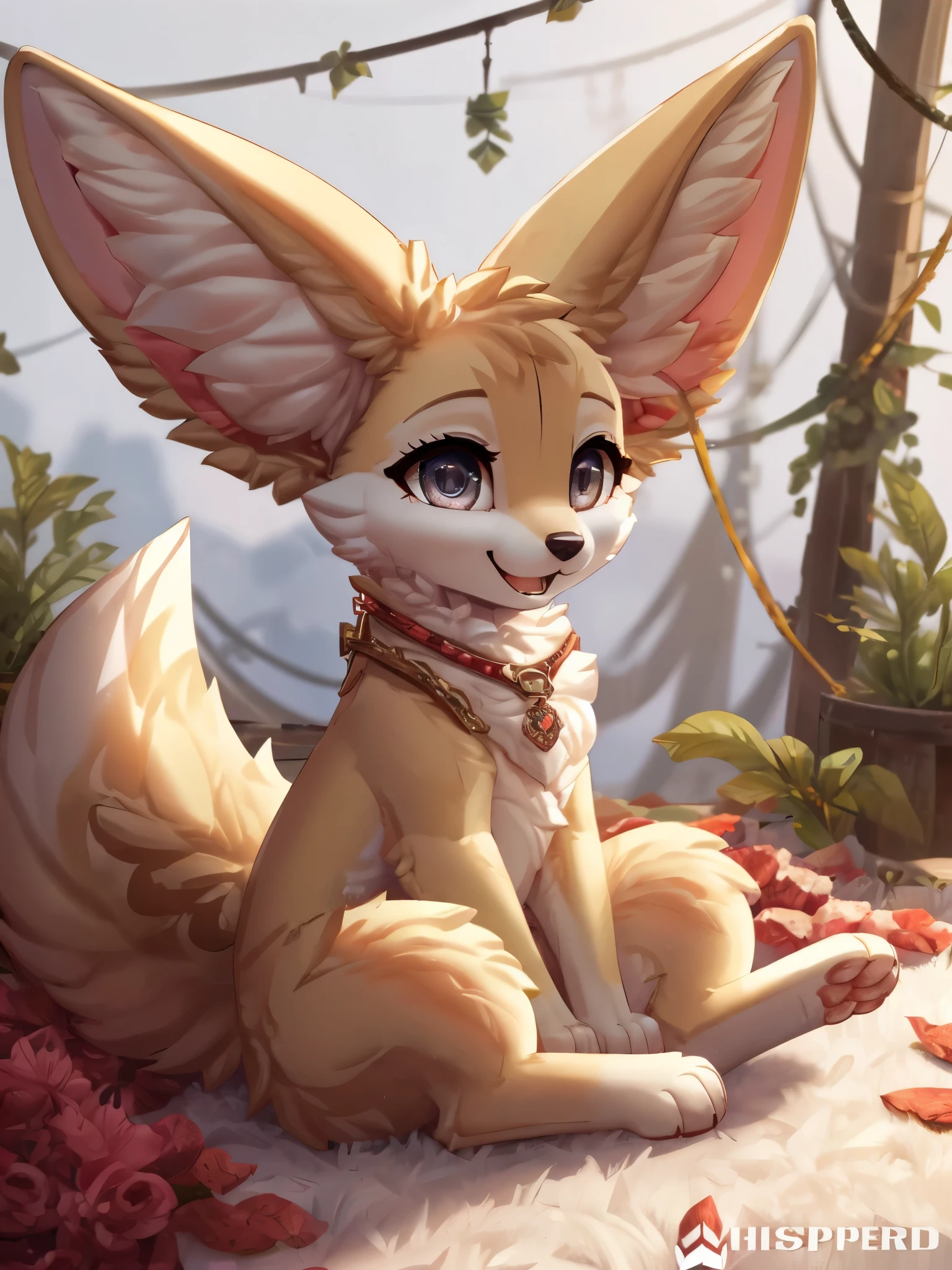 Solo, Cinematic, Fennec, female, feral, long fluffy tail, happy, sitting, White background, extremely detailed, beautiful and detailed dilated eyes, grey eyes, full body, ((By WhisperFood))