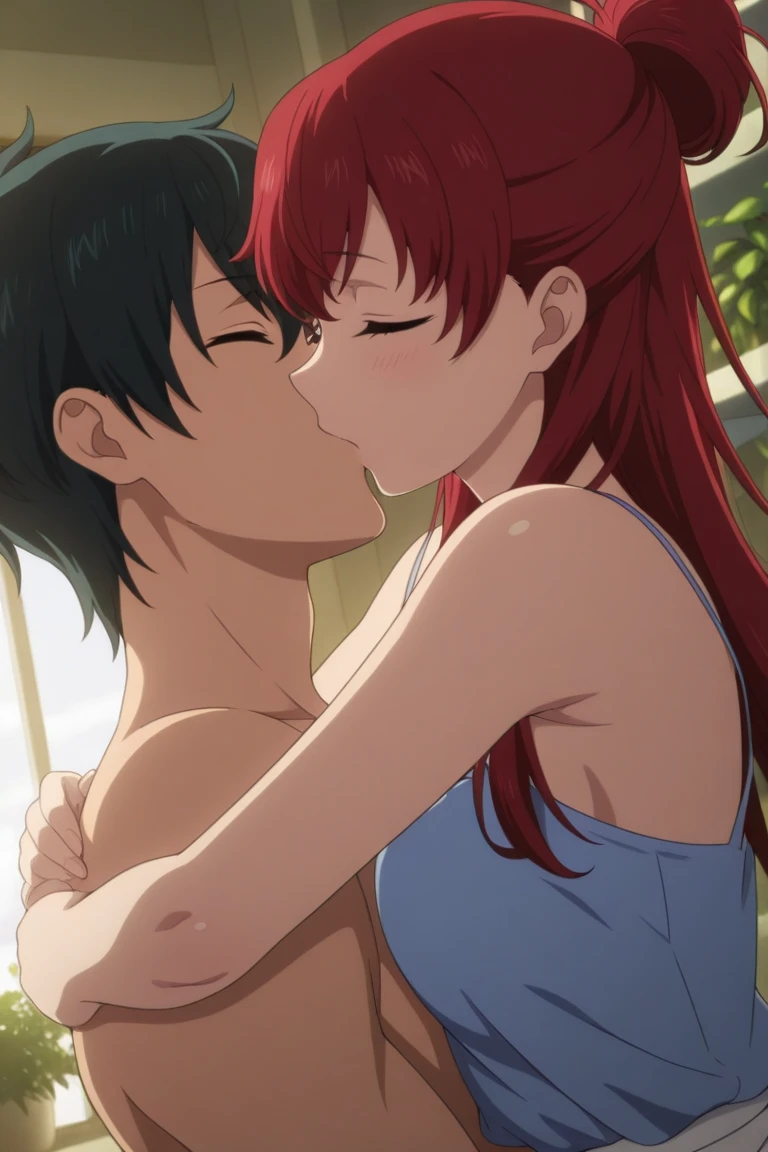 Anime girl sitting on the boy's lap,glad to, She sucks the boy's penis,Ejection,And leave it on the woman's thigh, This woman has a big ass and big breasts, She was wearing a see-through bikini thong,Exposing her pussy,