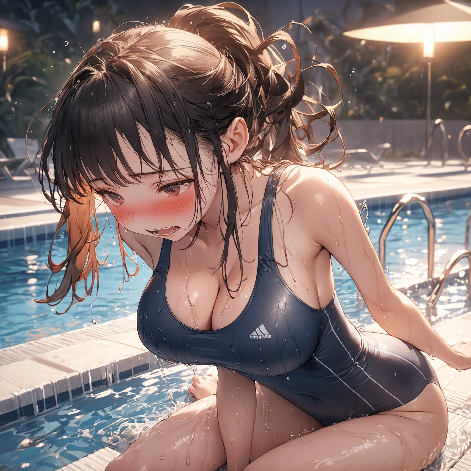 Uma hentai, with translucent and transparent bikini, piscina, dynamic light and composition scene, modelo fitness e gamer, rosto angelical e sorriso perverso sexy... average , Incredible lip and eye details, amazing ass