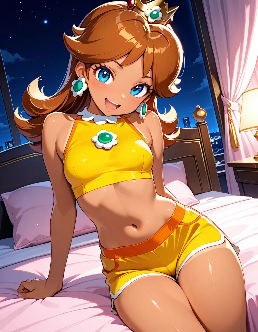 Princess Daisy, super mario Daisy, yellow clothes, brown hair, open legs, thong, cameltoe, sweat, exposed belly