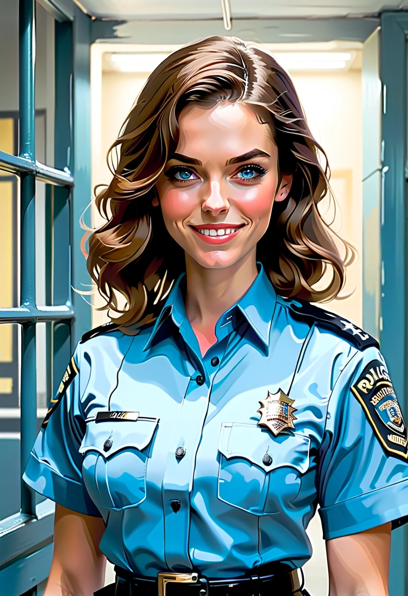 winona-466, ((detailed eyes, beautiful eyes, detailed face, beautiful face):1.2), ((red lipstick, blush, pale skin)),
, photo of a woman, , ((police uniform, police badge, police car)), city street, attractive, looking at viewer, ((short hair, messy hair, bangs))