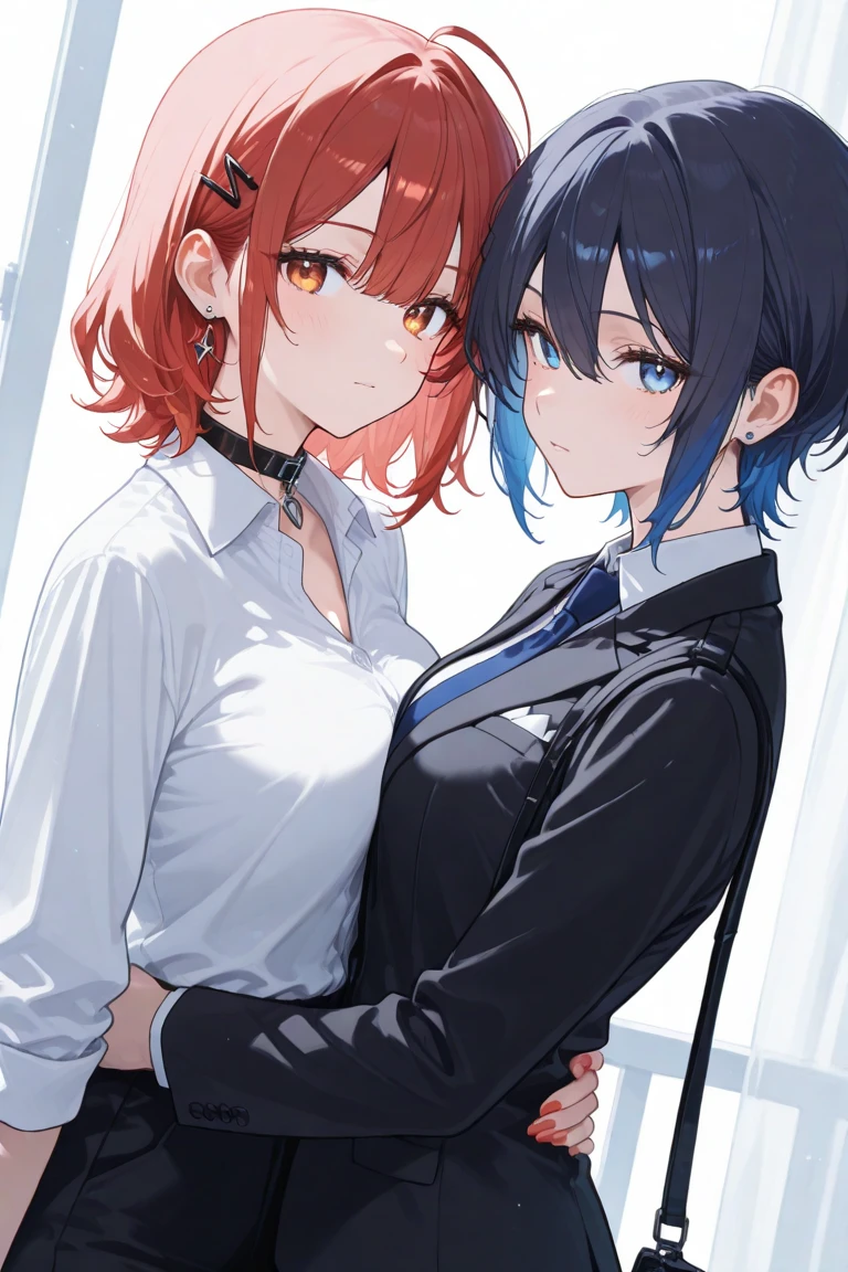anime girls with red hair and blue eyes wearing a skirt and an open shirt revealing a black bra