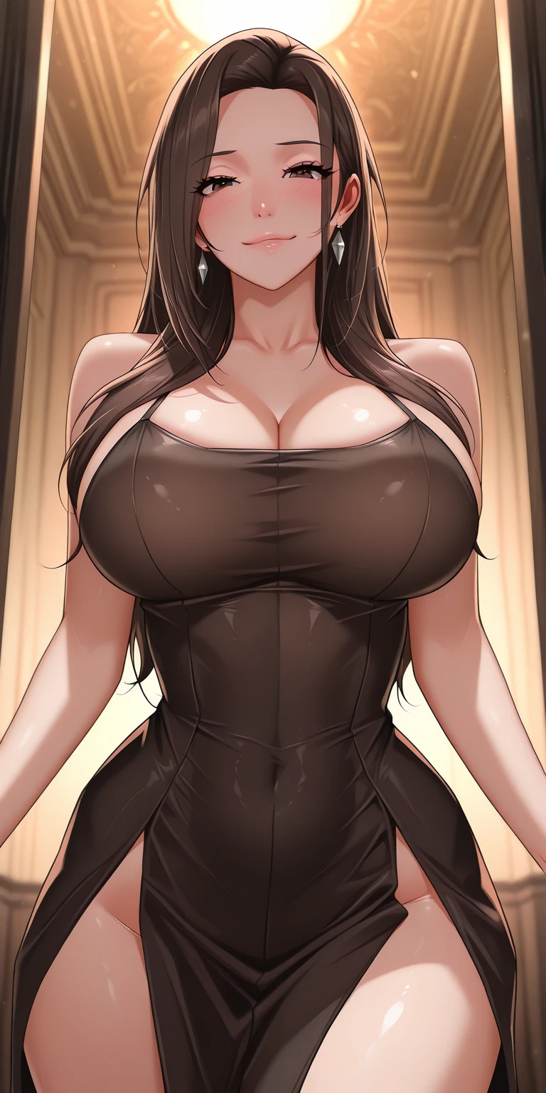 (melhor qualidade:1.3), (qualidade 4K),(black hair, long hair), beautiful hairstyle, realistic eyes, beautiful detailed eyes, 、(((blush))),(Sweat), sexy pose, thicc thighs, huge breasts,,medium:oil painting, vivid colors, HDR, studio lighting, ultra-fine painting, sharp focus, physically-based rendering, extreme detail description, portraits, ((organized fingers)), curvy body, big breasts, perfect shape, facing viewer, sweaty, gorgeous, ((arms up)), sleeveless shirt, smiling