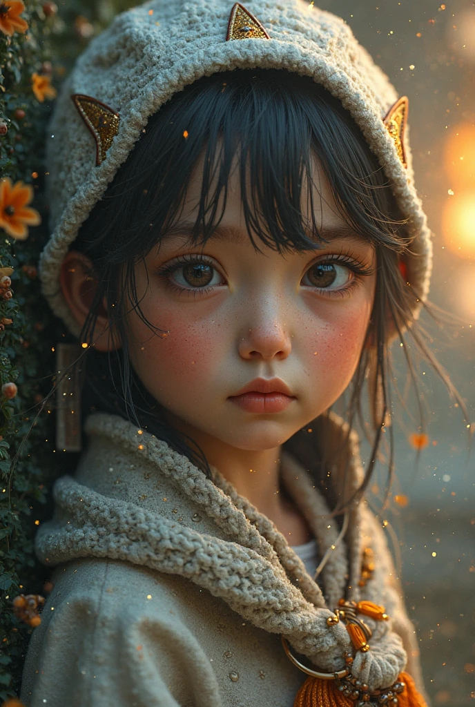"Describe an ultra-realistic scene of a child at dusk, Praying with the rosary in hand. Detail the child's facial expression, The colors of the sky, The shadows and details of the rosary.”