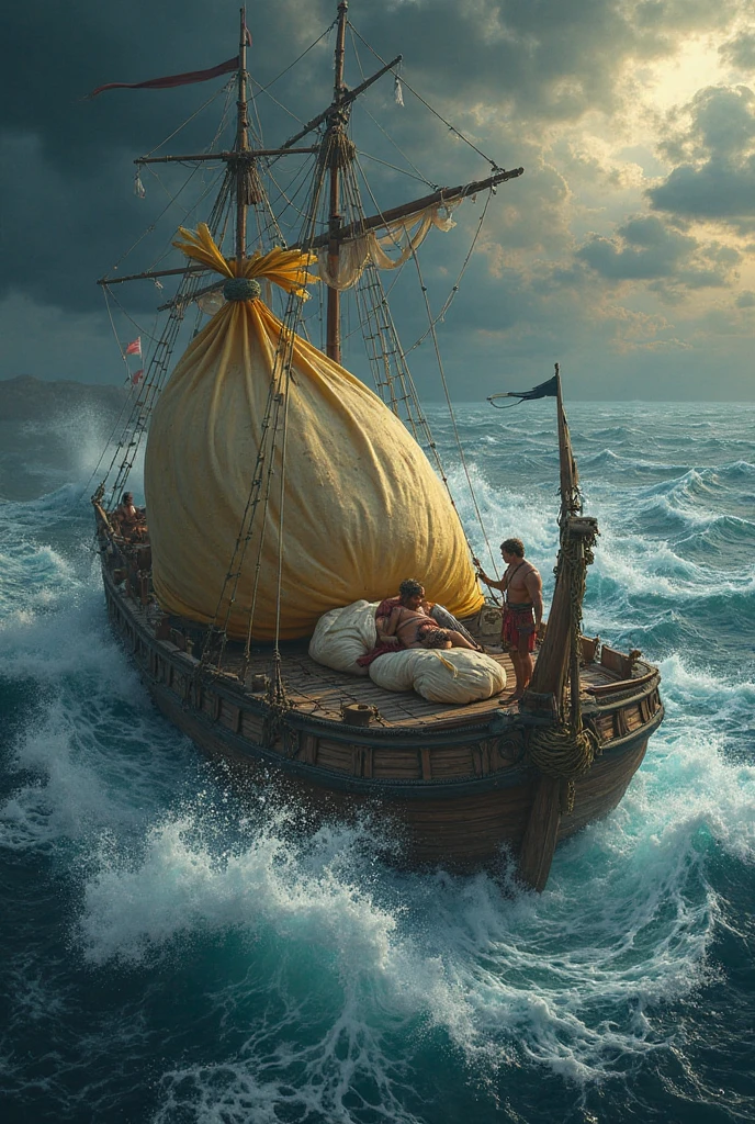 Odysseus is asleep on the ship while two of his men open a large bag, with winds coming out of it and pushing the ship into a storm.
- *Text:* Storyteller: "Odysseus' men opened the bag of winds, thinking it contained gold, and were dragged back into the sea."