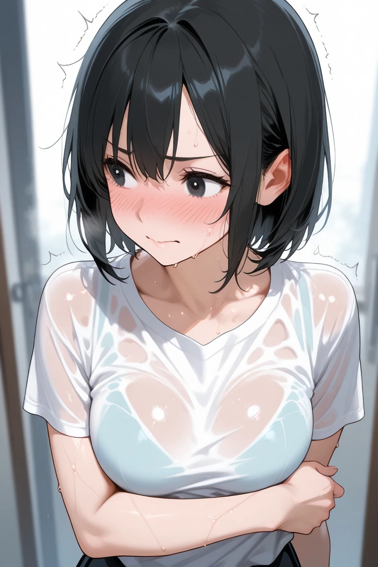 masterpiece, Highest quality, 1 girl, 14 years old 、Cute Face、Beautiful face in every detail, (Embarrassing), Black hair short ponytail、Browsing Caution, (Sweat), White loose camisole、Erect nipples、hot pants、 (Medium Breasted、thin)、((Glancing at one breast、hot pantsが脱げそうです))、Leaning forward pose、Shooting from the side、(Sweat、Sweat)、Wet body,Wet Hair、Voice of the Heart 、日本語でEmbarrassingとコメント、Highest quality画像、Waking up、