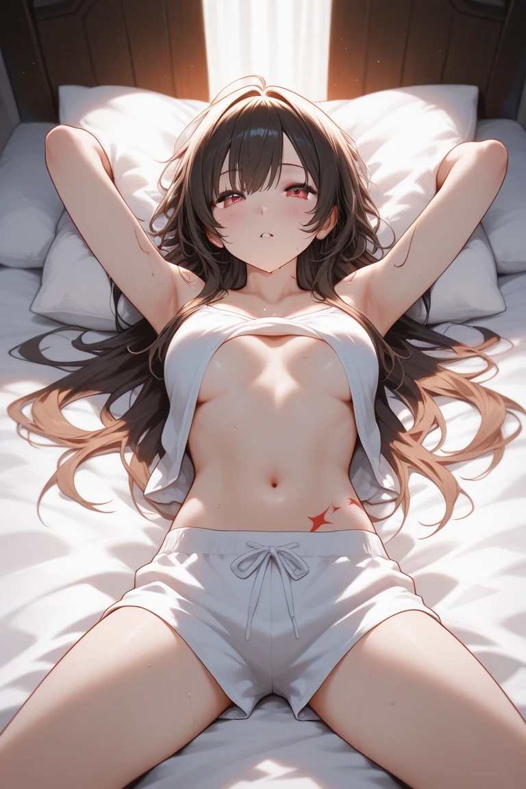 (masterpiece, Highest quality:1.2), Complete human body, Perfect Anatomy, Cute S, too young girl, Chibichara, Induce a desire for asylum, Young face, Lustrous brown hair, Lift up your shirt, Not wearing a bra, (Small breasts:1.4), Small breasts, Immature female body, The nipples and areola are pale pink., Flip up skirt, Not wearing panties, Showing her pussy and asshole, I want you to touch my pussy, Boldly open your legs, Immoral Eros, Moist eyes, shed a lot of tears, Are crying, Staring at the audience, Bedroom,