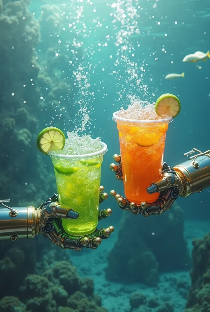"Ultra-realistic 8k 3D rendering showcasing a vibrant multicolored bottle, glass, and water product design, featuring dynamic and magnificent splashes harmoniously merging with a stunning ocean background. One boy and two girls."