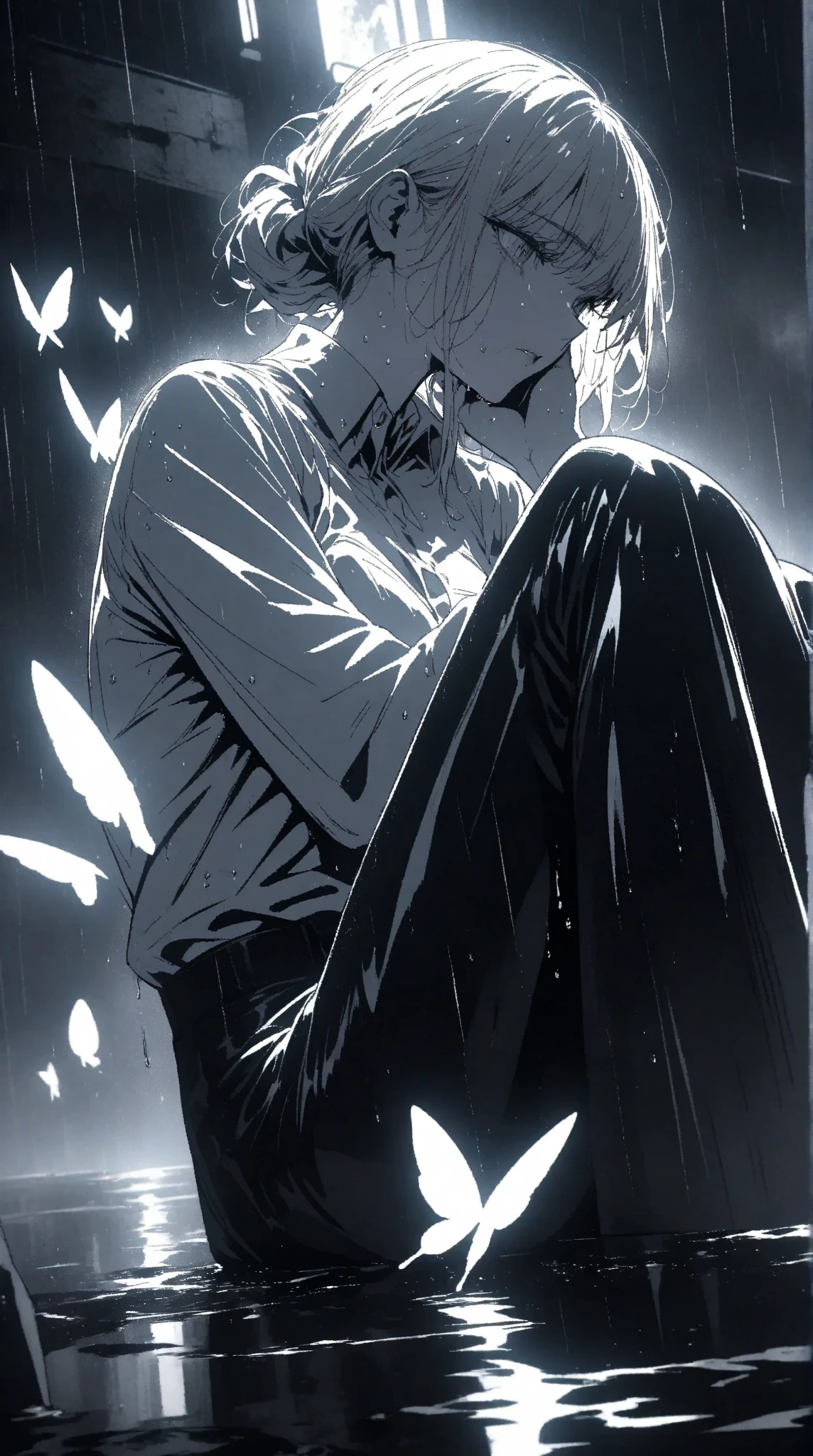 yuto-sano, 1boy, full body, black suit, white hair, gun, monochrome, highly detailed, dramatic pose, sharp focus, intricate details, chiaroscuro, moody atmosphere, dark and gritty, powerful, intense, masterpiece, lyimg down
