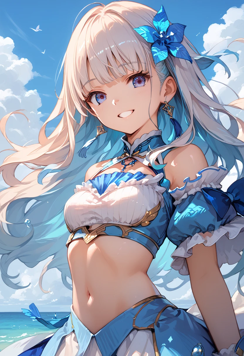 (masterpiece), best quality, expressive eyes, perfect face,1girl,furina,genshin impact,palace,night,castle wall,mirror,big breasts,blush,cleavage,cat girl,cat ears,cat tail,cowboy shot,idol dress,strapless idol dress,bare shoulders,detached sleeves,navel,cute top,cute fluffy skirt,layered skirt,showgirl skirt,paw pose,happy,excited,spoken heart,standing