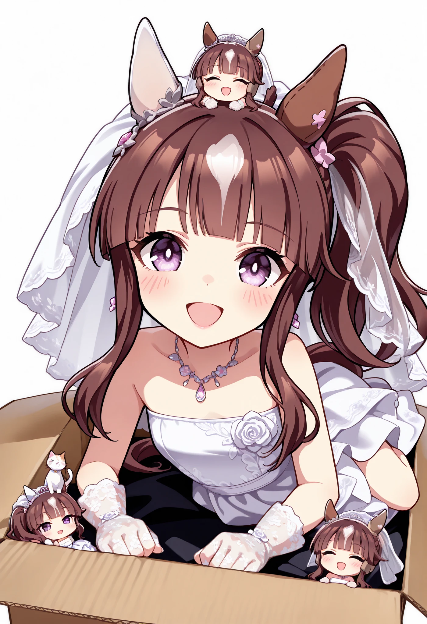 (((chibi))), (masterpiece, best quality, perfect face:1.4), wide angle, lucky lilac \(umamusume\), running figure, 1girl, side ponytail, horse ears, horse tail, tail on the lower back, proportional body, proportional, beautiful hair, beautiful face, beautiful detailed eyes, beautiful clavicle, beautiful body, beautiful chest, beautiful thigh, beautiful legs, beautiful bride wearing beautiful wedding dress, (bridal veil:1.5), (Transparent short veil:1.5), (tube top wedding dress:1.5), (Silk dress:1.2), (Strapless wedding dress:1.5), pure white dress, necklace, lipstick, (lace gloves:1.5), long white dress, ((cat on top of head)), ((lying in cardboard box)), box labeled "umazon", BREAK, blush happy smile (open mouth), white background,