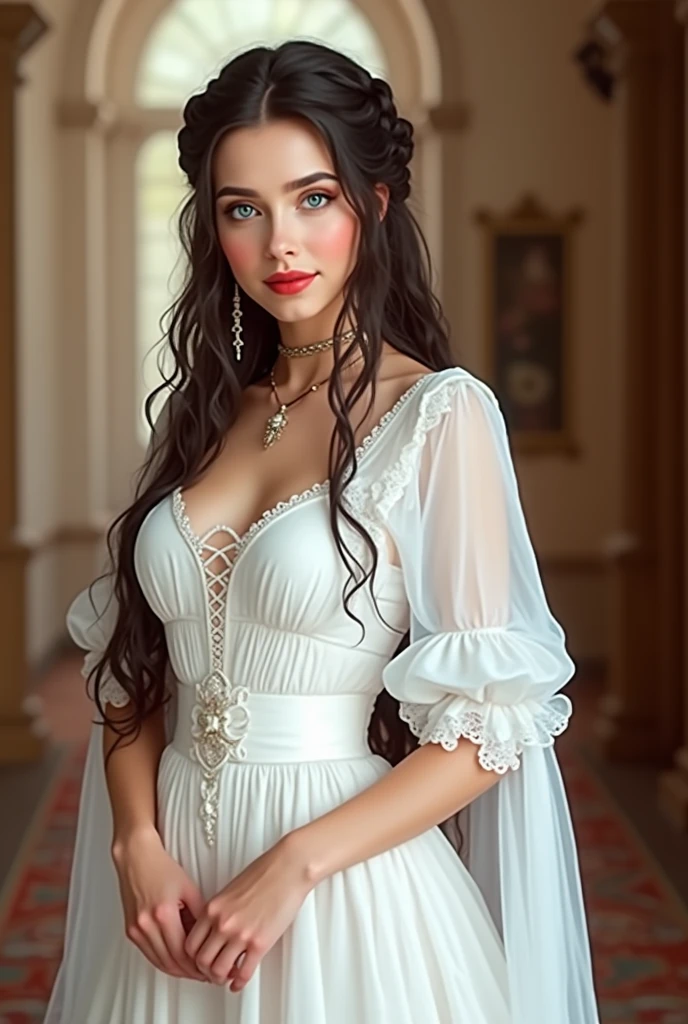 masterpiece, (front focus), surrealist female portrait, fantasy art, realism, dynamic lighting, art station, poster, volumetric lighting, highly detailed face, black and fluffy eyes, shiny pupils,4K, award-winning, 1 girl, understated,fullbody shot, (official attire: 1.4,white lace gown), street light, dark brown hair,