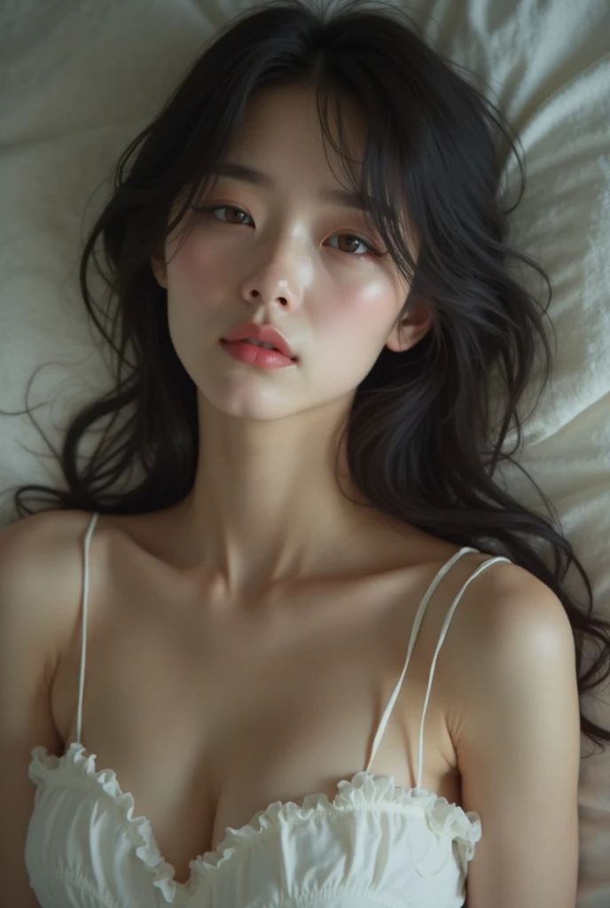 ((Top quality, 8k, Masterpiece: 1.3)), beauty, hidden face, 1 girl, beauty: 1.3, slender abs: 1.1, camisole vest, long black hair, (sitting on bed), ultra-detailed face, highly detailed lips, detailed eyes, double eyelids, pink lace suspenders,