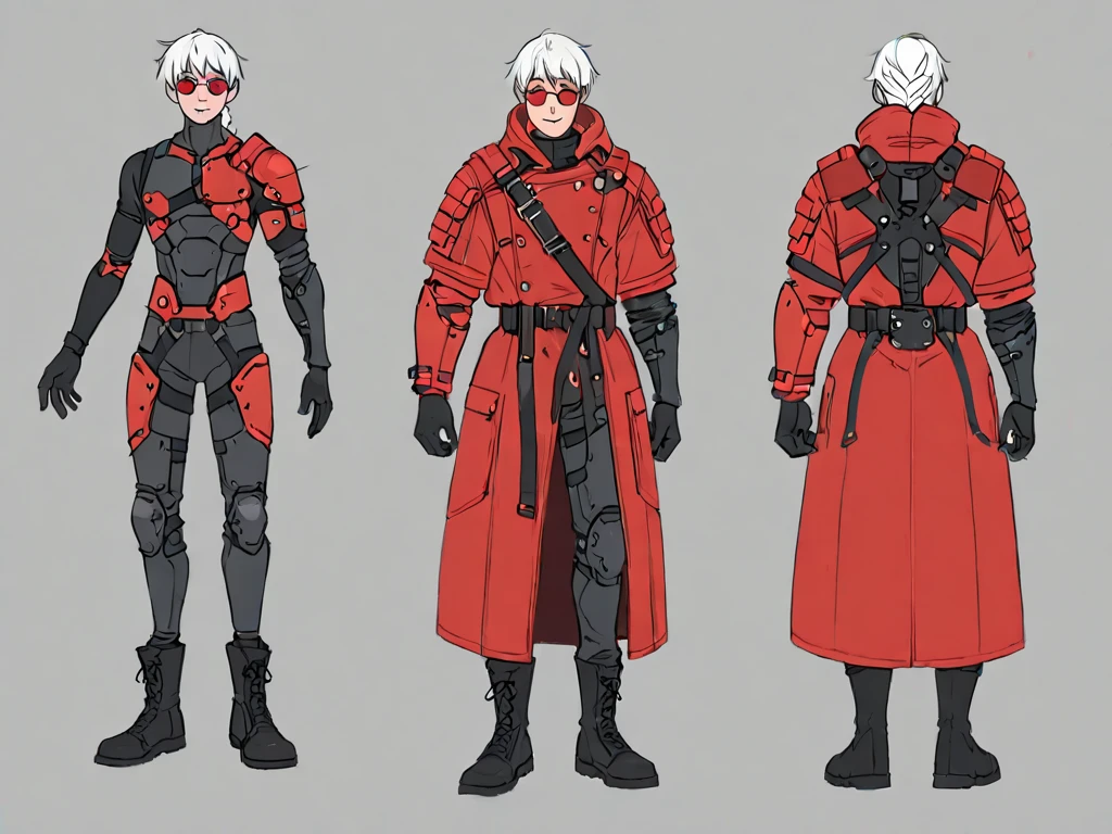 Concept ART ,human Male , oc ,Clear Skin , round Red sunGlasses,long braided ,zip Red Coat , Black Gloves , Black boots , Full body , armor gear Left arm