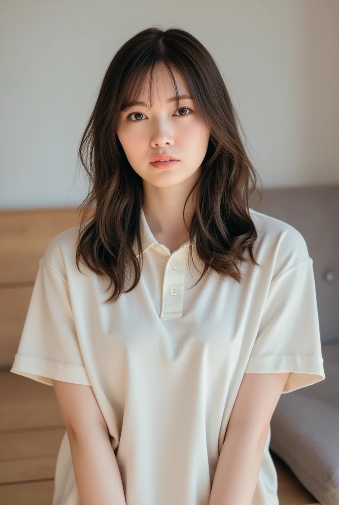 There is a woman sitting with her hair pulled back., White long sleeve T-shirt、下半身はWear nothing、Sitting on the bed、shikamimi, Korean Girls, sakimichan, beautiful south Korean women, Korean women, Yoshitomo Nara, For whom?, harumi, Hair, Park Jimin, Choi Hong-hwa, narumi kakinouchi、Semi-long hair、Loose and fluffy hair、breeze、Bedroom、Wear nothing、No underwear、Open clothing、Angle from below
