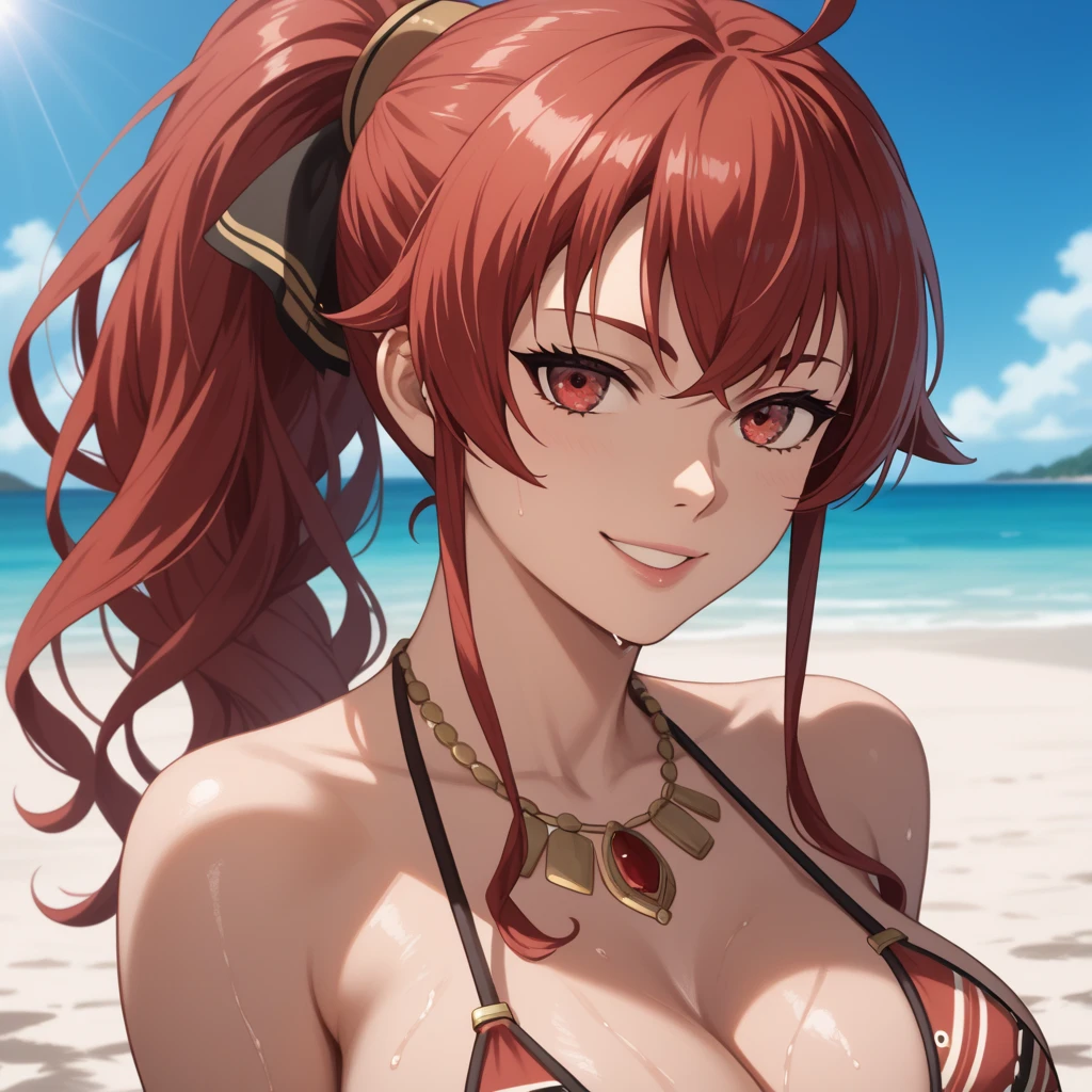 Iris, red hair, long hair, braid, red eyes, sweating, seductive smile, breasts, head rest, 1girl, swimsuit, cleavage, lying, bikini, sunset, collarbone, solo, sky, cloud, looking_at_viewer, choker, large_breasts, outdoors, mountain, bare_shoulders, barefoot, black_bikini, flower, sidelocks, beach, parted_lips, on_side, skirt, lips, thighs, jewelry, toes, bracelet, on_stomach, glow effects, godrays, Hand drawn, render, 8k, octane render, cinema 4d, blender, dark, atmospheric 4k ultra detailed, cinematic, Sharp focus, big depth of field, Masterpiece, colors, 3d octane render, 4k, concept art, trending on artstation, hyperrealistic, Vivid colors, extremely detailed CG unity 8k wallpaper, trending on CGSociety, Intricate, High Detail, dramatic"", head rest, (excessive pubic hair:1.4), steaming body, sweating