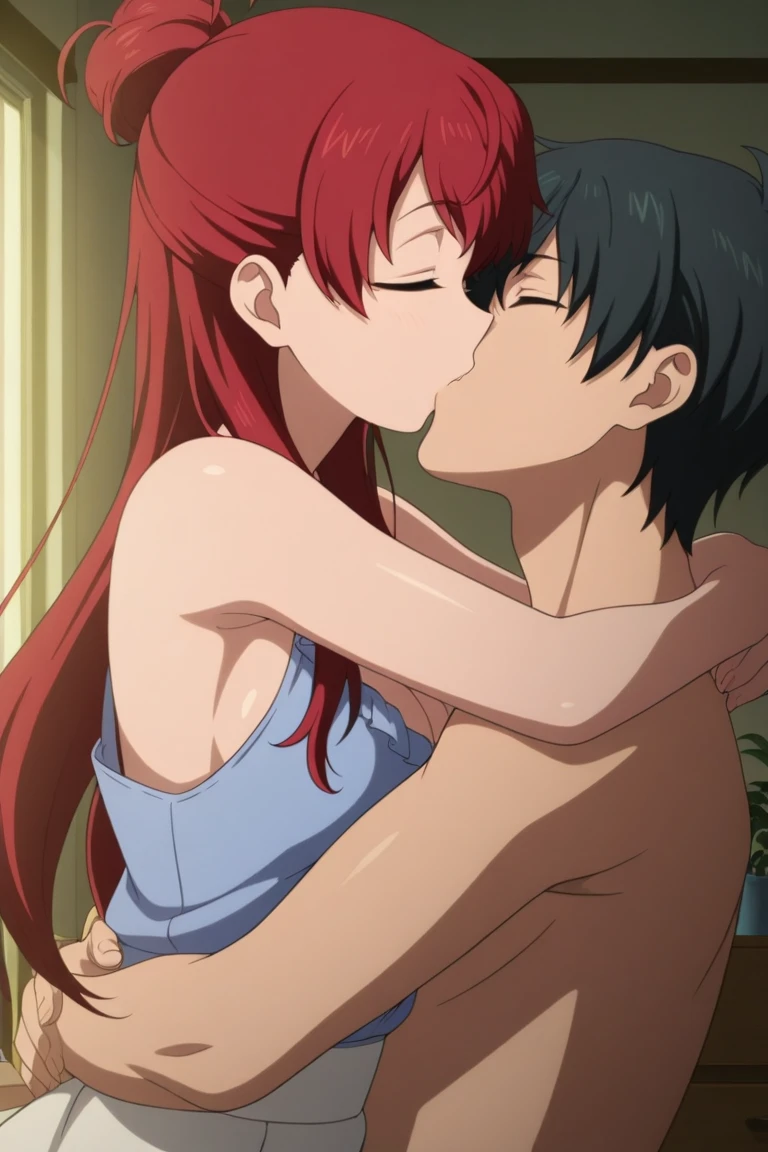 1boy, boy is behind girl, breast grope from behind, 1girl, red hair, blush, naked, white bra, white, cute, love, couple, adorable, dating, open mouth 😩, green eyes, open eyes, indoors, night, passionate hug, lie on bed