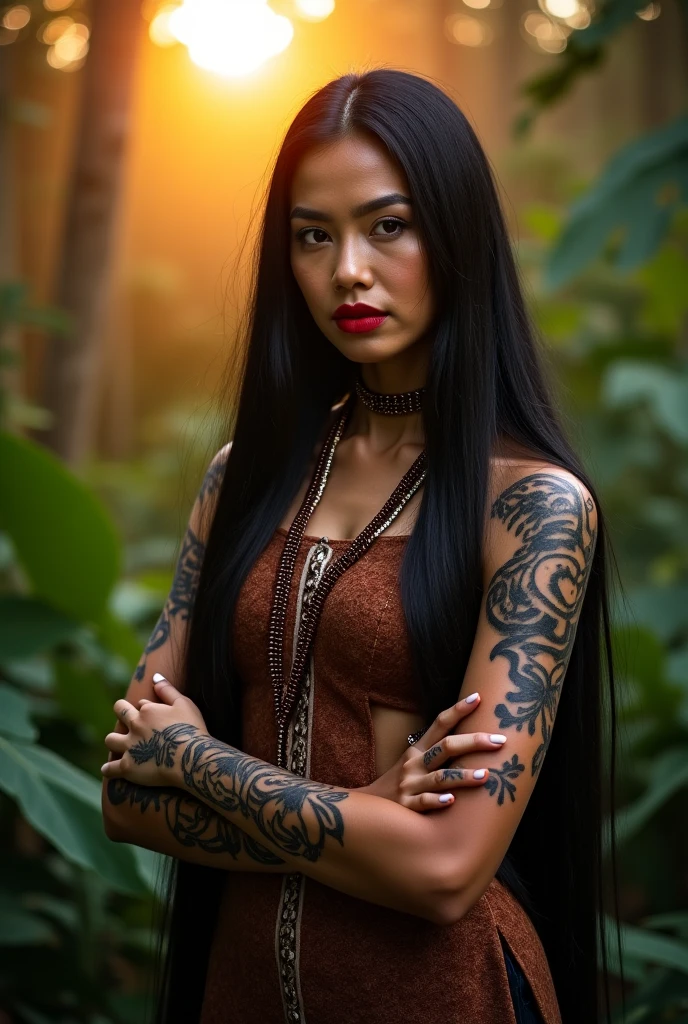 On a black background, the seductive silhouette of a luxurious Polynesian woman stands out, her shiny black hair cascades down in long waves, intricately parted in the middle. Amber eyes, filled with allure and mystery, are adorned with traditional Polynesian tattoos, signifying full growth and maturity. A close-up shot reveals the detailed expression of her face, revealing a slight smile that beckons and invites the viewer closer. The body, adorned in the candid pose, radiates a sense of confidence and allure, drawing the viewer in with its seductive charm. The realism of the image is captured perfectly, making it a