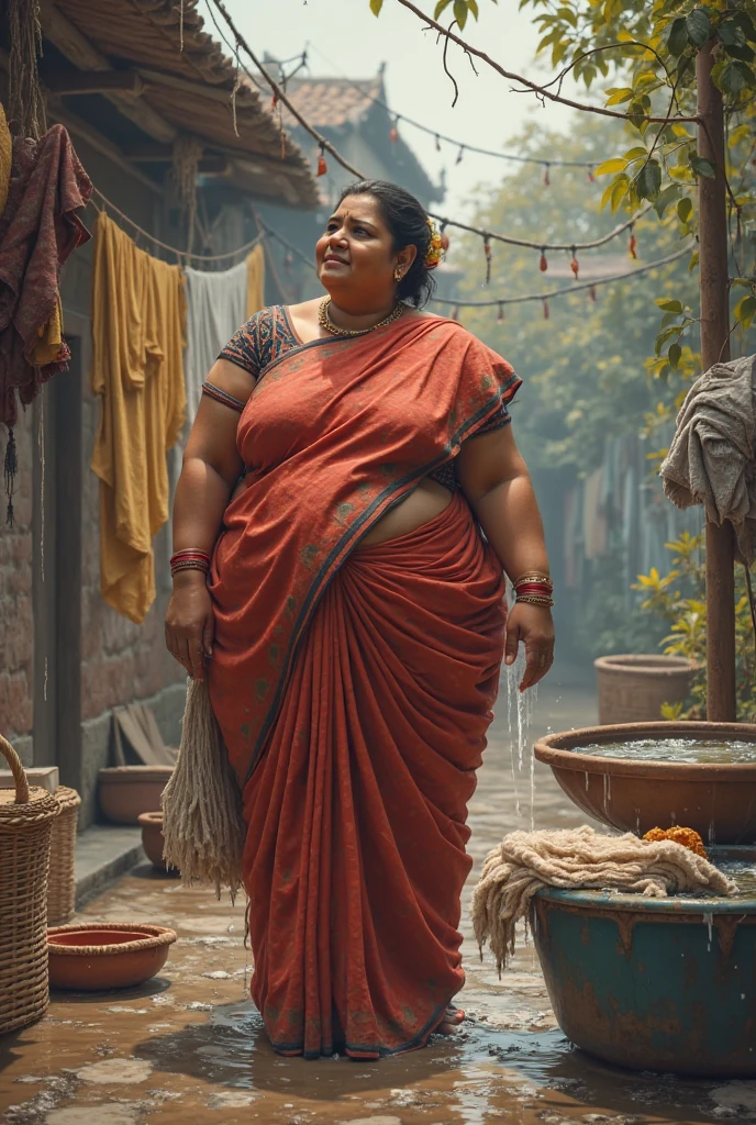Big indian aunty wearing the saree.saree will wet.her hair tie