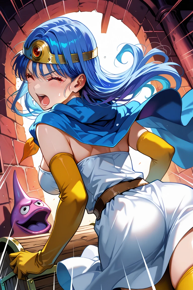 (masterpiece:1.1, Best Quality:1.1, 16K HDR:1.1, High resolution:1.1), (sheathed weapon on back:1.2), roto (DQ3), 1girl in, Solo, Short hair, Brown hair, Blue eyes, circlet, (Large breasts:1.5, gigantic cleavage:1.5, exposed nipples:1.1, Strapless, yawn and closed eyes:1.3, Torn blue dress:1.5), Purple Cape, thighs thighs thighs thighs, elbow groves, long boots, Belt bag, scabbard,, knee boots, (In an deep forest near lake:1.1, dark atmosphere:1.3), (squat down and open legs:1.25, Hentai numerous tentacles monster rape her vagina:1.7),