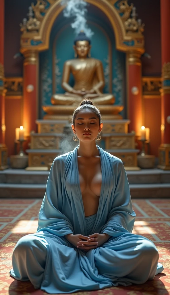 Create a realistic portrait of a Buddhist naked queen, kneeling and looking into the camera from below. She has beautiful BREASTS. Her face is full of lust.She wears a simple, but elegant crown or headgear, which is decorated with lotus flowers or other Buddhist symbols. Her face radiates gentleness, Compassion and spiritual depth from, similar to the depictions of important Buddhist figures such as Tara or Avalokiteshvara. Her expression is calm and meditative, With a smile, that reflects inner peace and wisdom. Her dress is simple and elegant, often in traditional Buddhist colors such as orange, Yellow or burgundy. It may be embroidered with religious symbols or patterns, symbolize enlightenment and spiritual development. She wears modest jewelry, which shows subtle Buddhist elements such as Dharma wheels or mantra characters. She kneels upright and dignified, hands folded in a gesture of prayer or meditation. The surroundings show a quiet and spiritual place, such as a temple courtyard or a garden with Buddhist statues and symbols. A soft light surrounds them, that enhances their spiritual radiance. The image should look like a realistic photo, that reflects the inner qualities and spiritual depth of Buddhist teachings.
