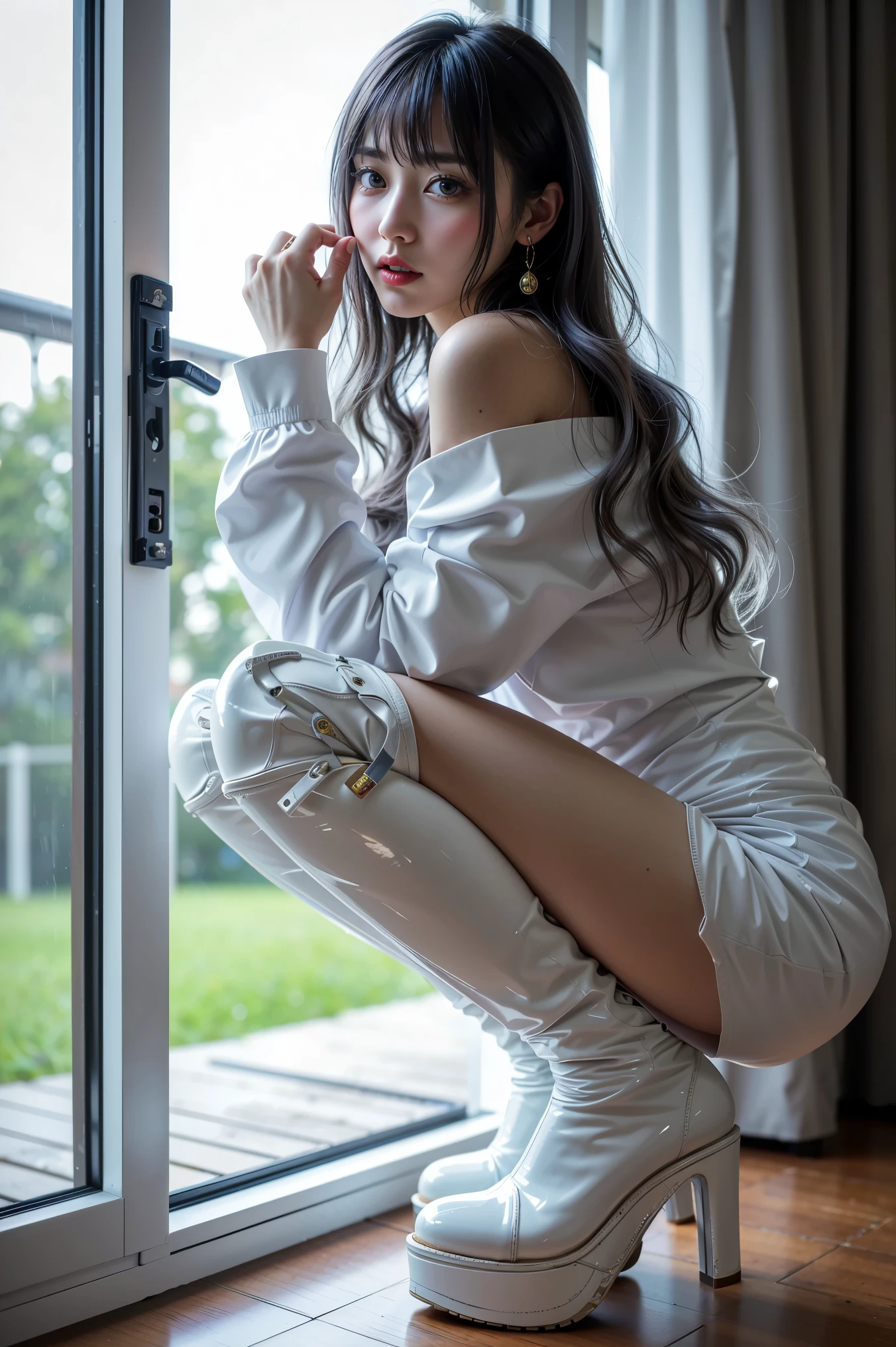 (Photoreal: 1.4), (Hyperrealistic: 1.4), (Realistic: 1.3), (Smooth Lighting: 1.05), (Improved Cinematic Lighting Quality: 0.9), 32K, 1 female, 24 year old business woman, looking at camera through buttocks with buttocks turned, realistic lighting, backlight, face lights, ray tracking, (bright light: 1.2), (Quality improvement: 1.4), (Top quality realistic textured skin: 1.4), Fine detailed eyes, Detailed face, Fine quality eyes, Dark brown eyes, (Tired, sleepy and satisfied: 0.0), White blouse, dark blue tight skirt with slits on the side without any fitting frills, dark brown hair, pure white silk socks, black strap pumps, ( White silk socks of shiny sleek fabric: 1.5), dark brown hair, under the buttocks you can see the red soles of pumps worn over white socks
