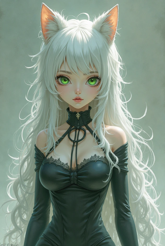 Cat girl with white knee-length hair and blue and green heterocromatic eyes wearing black bodysuit with half skirt over it.