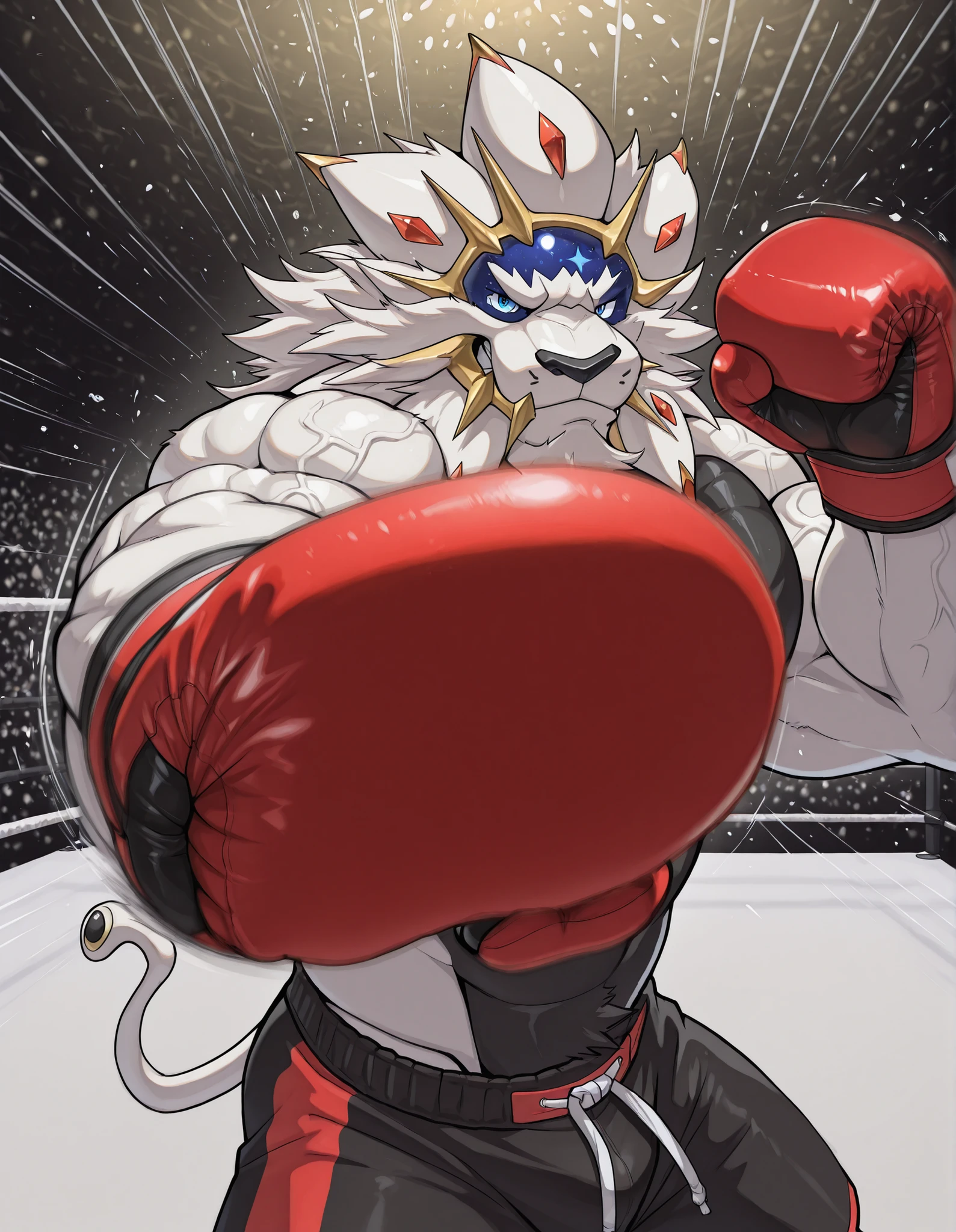 high quality, b0xingp0v, mercilessly punching_the_viewer, foreshortening, motion blur, red boxing gloves, black boxing shorts, depth of field, extreme perspective, extreme closeup, closeup, action shot, boxing, dynamic punching pose, motion lines, impact lines, mercilessly punching the viewer, cropped head, boxing ring background, braker Solgaleo heavy wait boxing champion, furry male, heavy muscular, veiny muscles, black chest and abs, looking at viewer, ruthless smile, bedroom eyes, smug, bara, large pectorals, lowangleview-3000