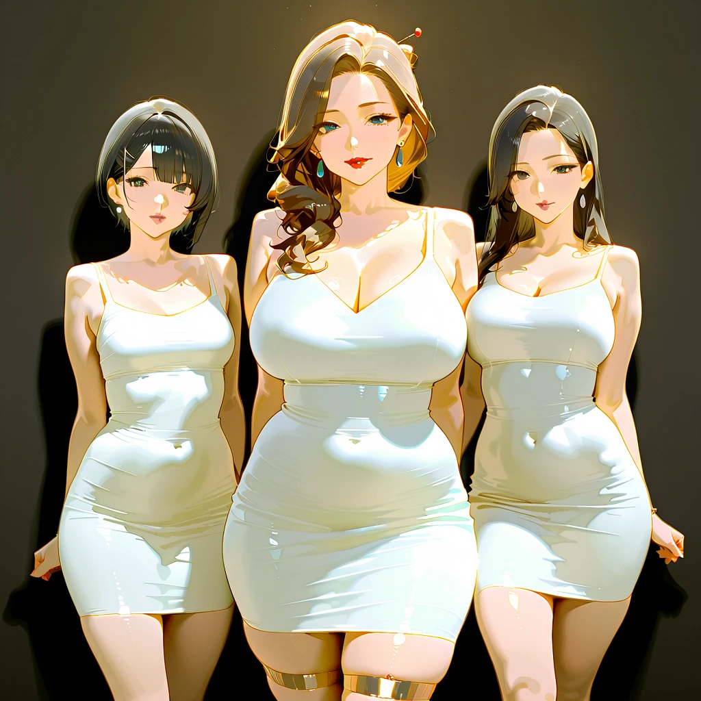 [League Of Legends],ahri,evelynn,kai'sa,group picture,multiple girls,5girls,looking at viewer ,realistic,shiny skin,white bodysuit,gigantic breasts,(beautiful face:1.1),(masterpiece, high quality:1.2)  gigantic breasts, motherly, porcelain skin, honey blonde hair, very long hair, wavy hair,mature female,
