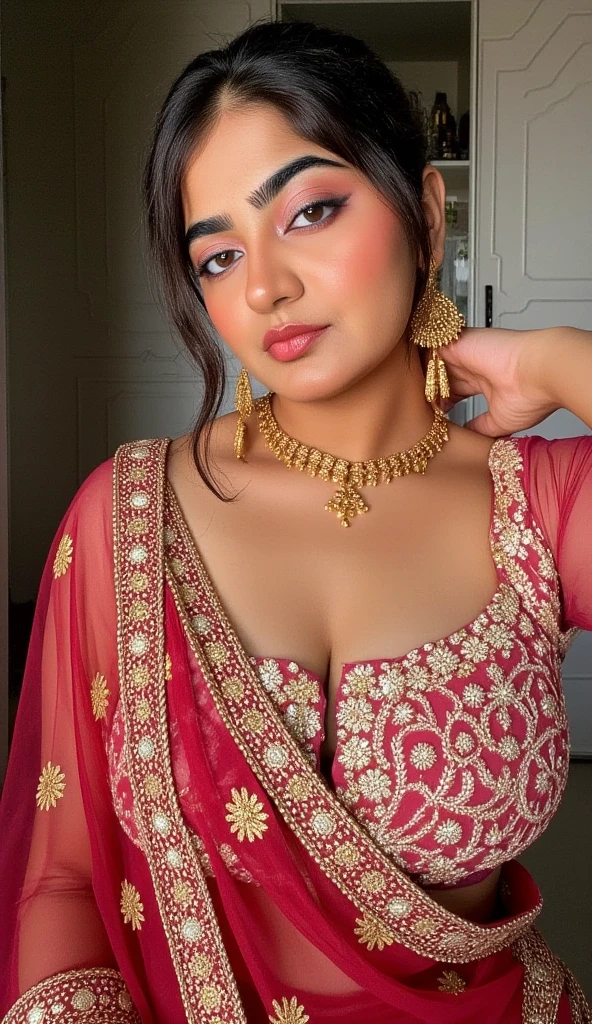 a close up of a woman wearing a red and orange sari, traditional beauty, assamese aesthetic, with lovely look, inspired by T. K. Padmini, traditional makeup, indian girl with brown skin, wearing a steampunk sari, with professional makeup, dressed in a sari, wearing bihu dress mekhela sador, indian, indian style, wearing a sari