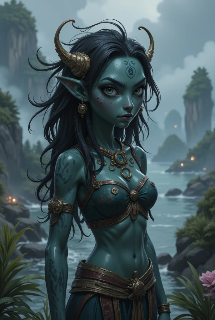 Warcraft Character, Beautiful snake girl with big naked breasts, pigtails, Holding a skull in his hand, The body of a snake, Snake Tail, Wings on the shoulders, Naga , blue skin color, lake, Jungle, Wet, is beautiful, Flowers, Magic, Chic, beautiful blue eyes, glistering, Sexy , skulls, circuits, a lot of details, Patterns, radiance, extreme hight detail, saturated colors, Professional lighting, photo realism, Fairytale atmosphere , debris, campfire
