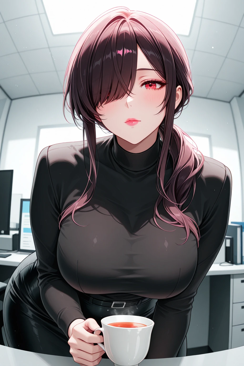 (Uhd, Masterpiece, Textured Skin, Super Detail, High Details, High Quality, Best Quality), Detailed Face, 1woman, mature pretty woman, Long black hair, (black crop top shirt), (black pants), (Huge Body:1.5, tall), sitting on a chair behind a office table, (Low-sized breasts), (Office room)