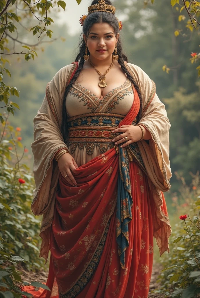 1girl, huge breast, black hair, green eyes,high quality, ultra detailed, masterpiece, realistic, gamis clothes,braid,standing, slightly fat arms , slightly fat belly