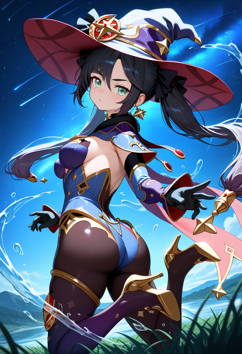 photorealistic, thick outlines, strong shadows, (best quality, masterpiece:1.2), 1 girl, full body, confident face, small breast, wide hips, <lora:mona1:1> monadef, witch hat, opaque tights, detailed background, detailed face, <lora:waterVFX:0.7> Spiral water, dungeon, night sky with stars, <lora:add_detail:0.6>