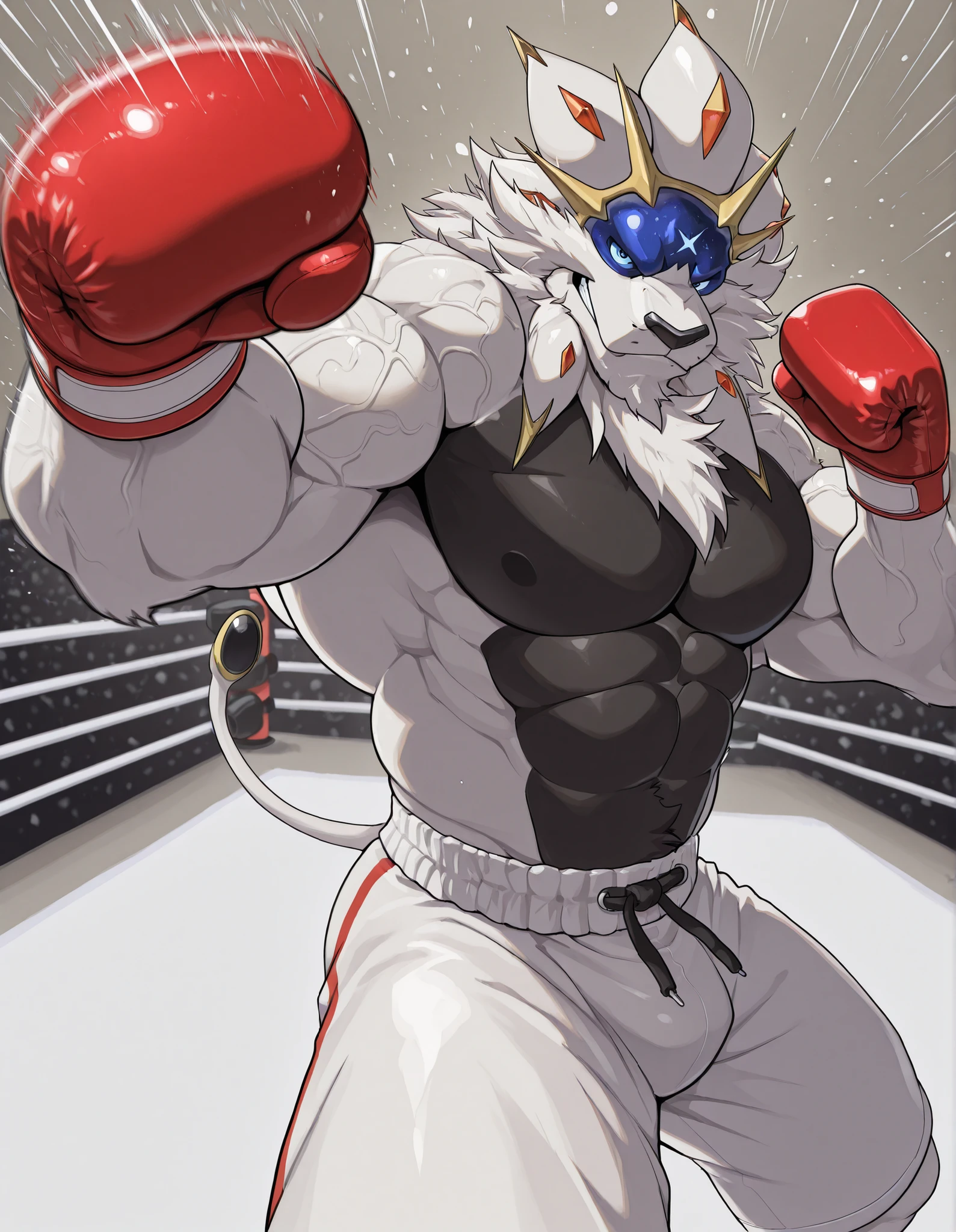 high quality, b0xingp0v, mercilessly punching_the_viewer, foreshortening, motion blur, red boxing gloves, white boxing shorts, depth of field, extreme perspective, extreme closeup, closeup, action shot, boxing, dynamic punching pose, motion lines, impact lines, mercilessly punching the viewer, cropped head, boxing ring background, braker Solgaleo heavy wait boxing champion, furry male, heavy muscular, veiny muscles, black chest and abs, looking at viewer, ruthless smile, bedroom eyes, smug, bara, large pectorals, lowangleview-3000