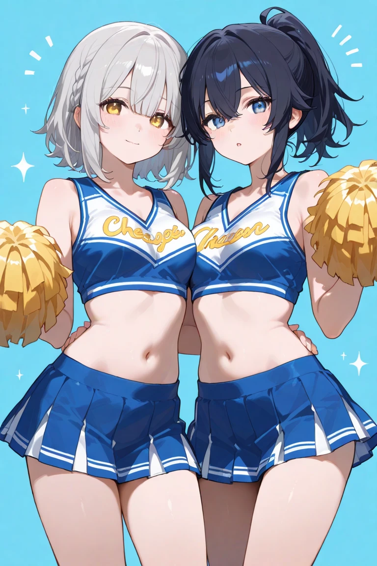 master-piece, hyper quality, hyper detailed, perfect drawing, high-resolution, two beautiful girls, cheerleader, sleeveless shirt, miniskirt, ansco, pom-pom, lovers, staring at each other, hugging each other's breasts pressed against each other, staring at each other, moist eyes, half-open lips, beautiful, blush (0.2), sensual, seduction, ecstasy, indulgence, bust up, forward light, shooting from the front diagonally below, precise drawing, detailed drawing, accurate human body structure,