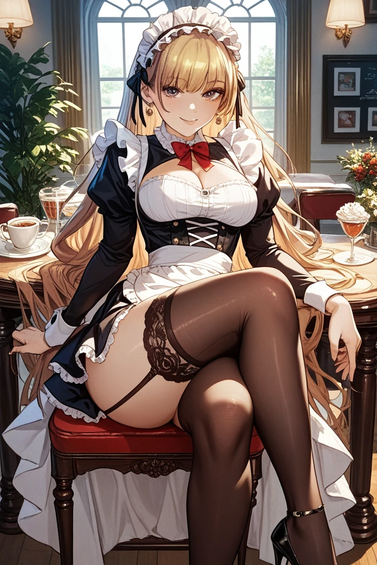 top-quality、realistic touch,high-detail、photoRealstic、 、High school students、Long body、Sheer costumes、Not wearing underwear、big eye、long lashes、Long upper eyelashes、platinum-blonde、cute little、Beautie、A sexy、full body Esbian、Sparkling eyes、Submissive smile、Flushed cheeks、Kamimei、Pose with buttocks sticking out、thin-waist、Sleeveless、visible from the side、Sexy armpits、Voluptuous thighs、Enraptured look、Apron Costume、Plump thighs protruding from knee socks、A maid working in a nobleman's mansion、Clothes with open sides