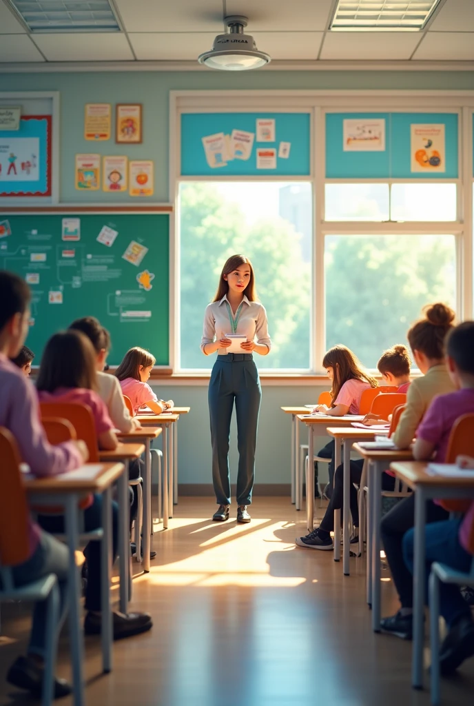 Teacher with her back turned, black hair, brown skin color, with Coquette bow in hair. in the classroom