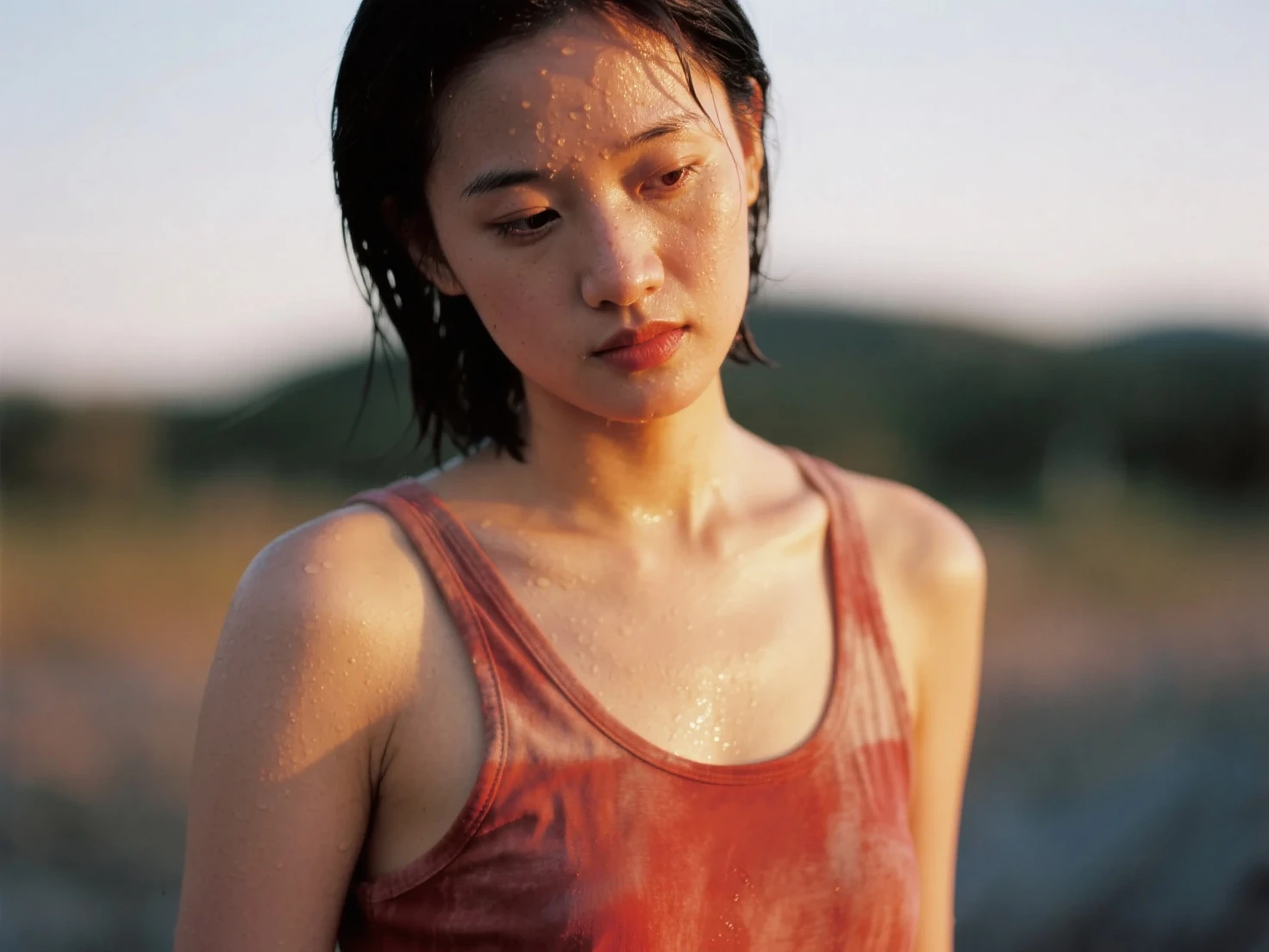 Beautiful 1 Thai girl wearing a tight white short-sleeved T-shirt soaked in mud, wading through floodwater in Thailand, clear picture, movie