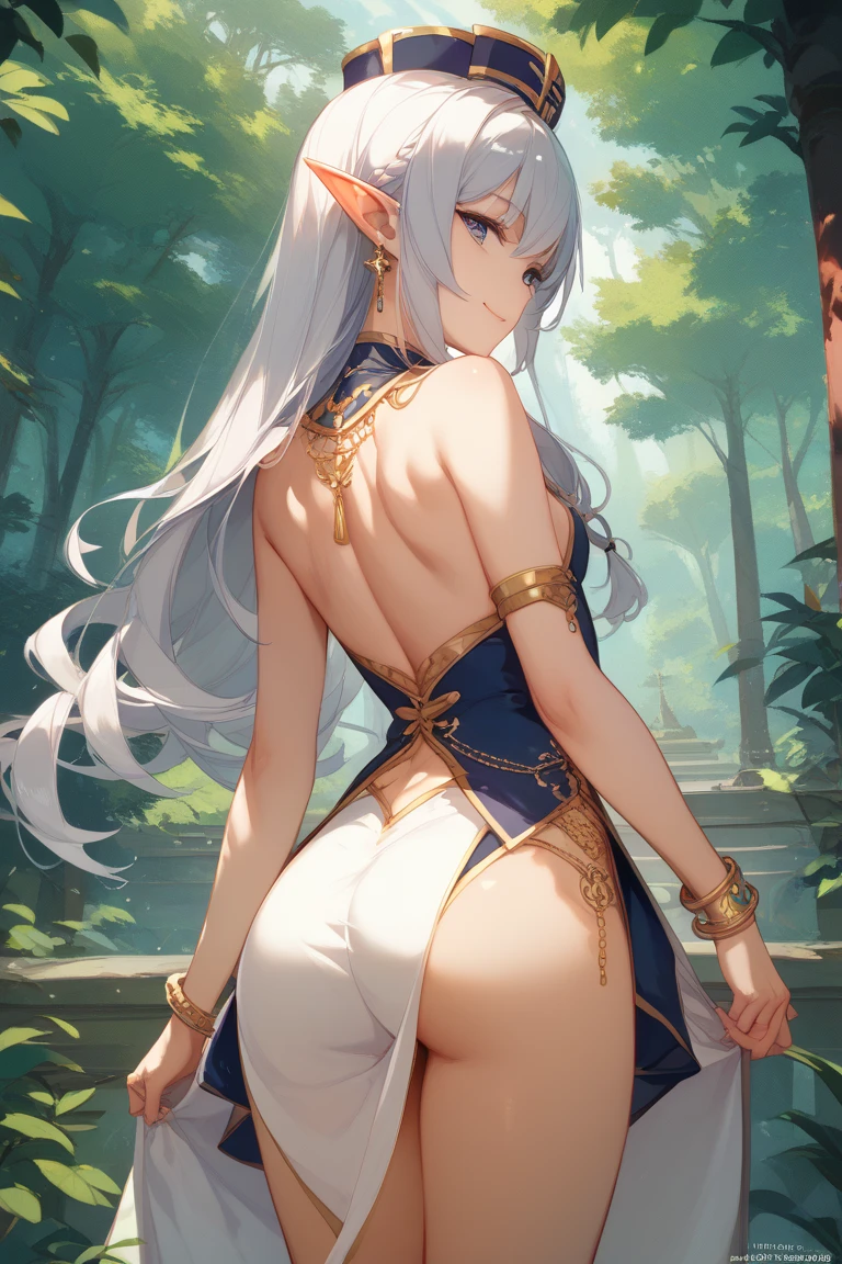(Very detailed best high quality image, very detailed background, very detailed character and image) character alone, multiple views: front view, back view
1elfwomanmilf: silver hair, long spiky messed silver hair with golden ahoge, purple eyes, pointy short elf ears, pale white skin, very beautiful face, absolute beauty, voluptuous figure, big breats, big butt, slender beautiful arms, beautiful legs, seductive smile, seductive eyes, (purple with golden details one-piece swimsuit)
Scene: she is dancing at a beautiful pink and green natural garden with a golden carpet