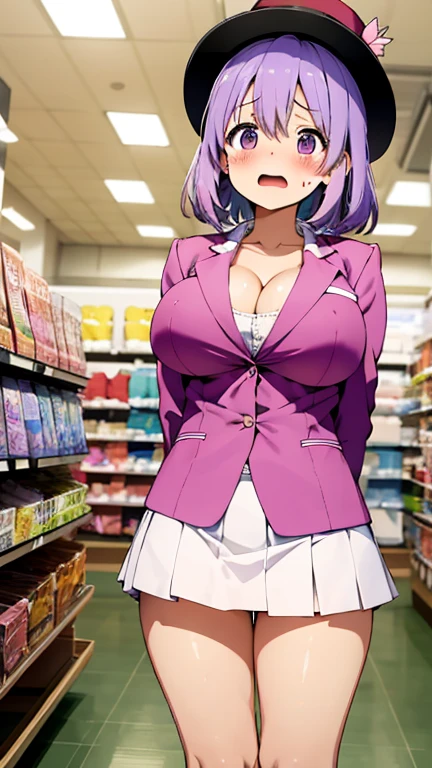 Shion, 1girl, solo, hip hop shirt, jacket, cool glasses, oversized t shirt, black thighhighs, breasts, cleveage, pleated skirt, hair between eyes, large breasts, long hair, looking at viewer, light purple hair, purple short nails, solo, thighhighs, thighs, long hair, ((masterpiece)), tokyo city, japanese store, japab road, tokyo tower, standing, sexy pose, blush, shy, smile, open mouth, detailed hand, beautifull finger,