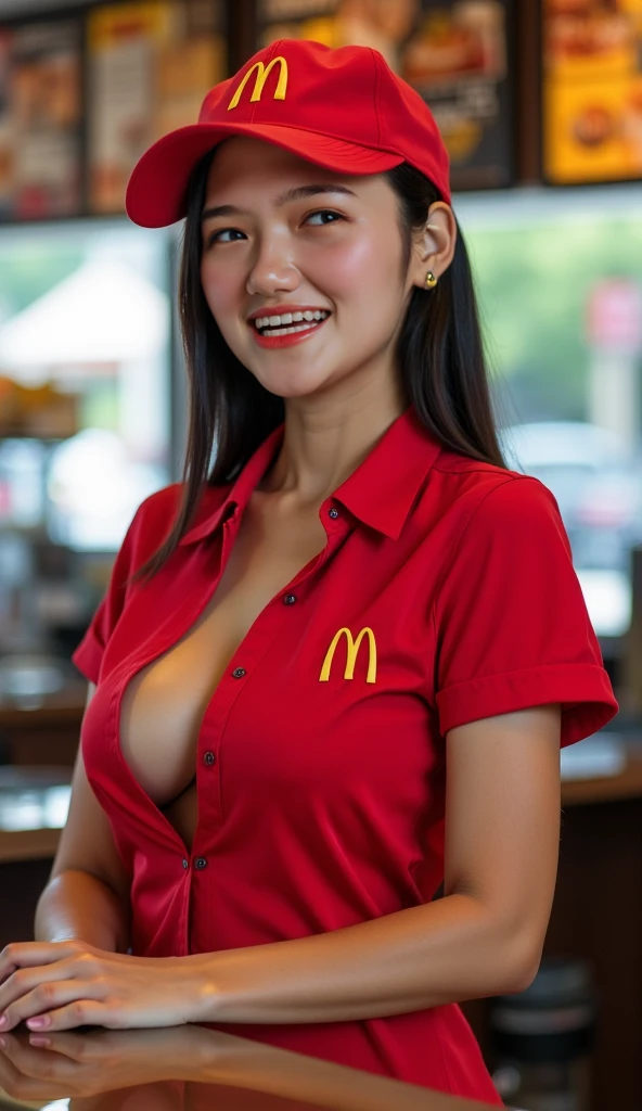 Young Japanese woman wearing McDonald's'S'S'S'S uniform, (Unbuttoned half of his red shirt), (Low black pants), Red hat with the McDonald's logo, Stand behind the McDonald's counter, lower chest, ((Colossal tits))