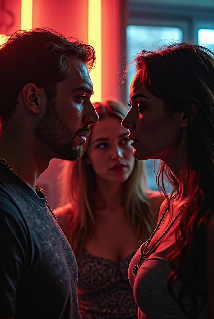 A woman in her 30s, dressed provocatively, looking at a young man in his 20s angrily, ready to hit him