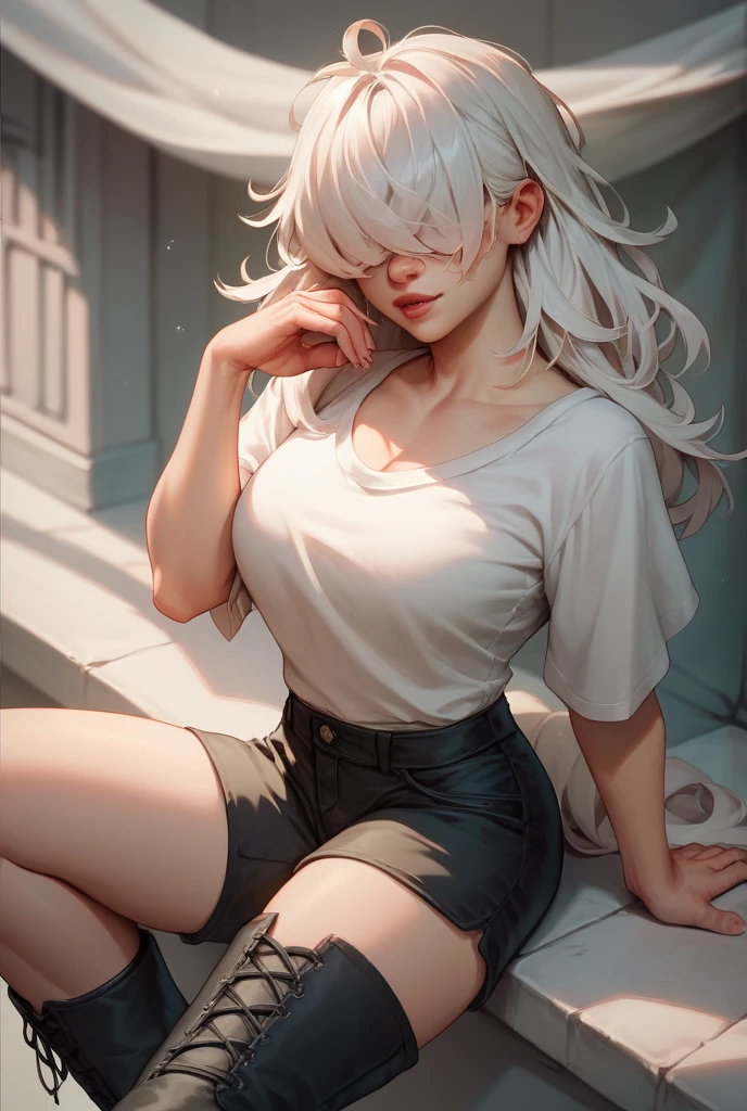 Beautiful woman, white hair, bob cut, bangs, green eyes, pleated skirt, thong, arms above head, nude, on knees sitting in bed next to a window, nighttime, cityscape in background, (solo), realistic