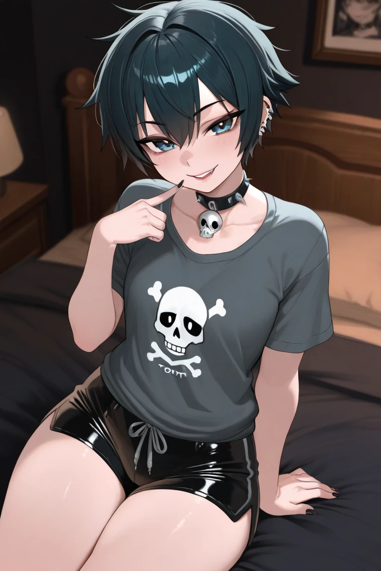 kanna kamui, female, solo, 1female, toned, wide hips, very skinny, very thin, very slim, very slender, thick thighs, ifbb, thin waist, slendered abs, narrow waist, small waist, erection, boner, futa_overflow, futanari, gaming room background, bedroom, dark, lights out, smiling, excited, flat chest, flat chested, on all fours, bulge, bulge in the crotch, goth, gothic, fishnets, bikini harness, stripped fingerless long gloves, skull patterns, belts, ropes, spiky choker, steamy, sweaty, pentagram, on a bed, led rgb lights, dildo, sex toy, no panties, naked, nude,